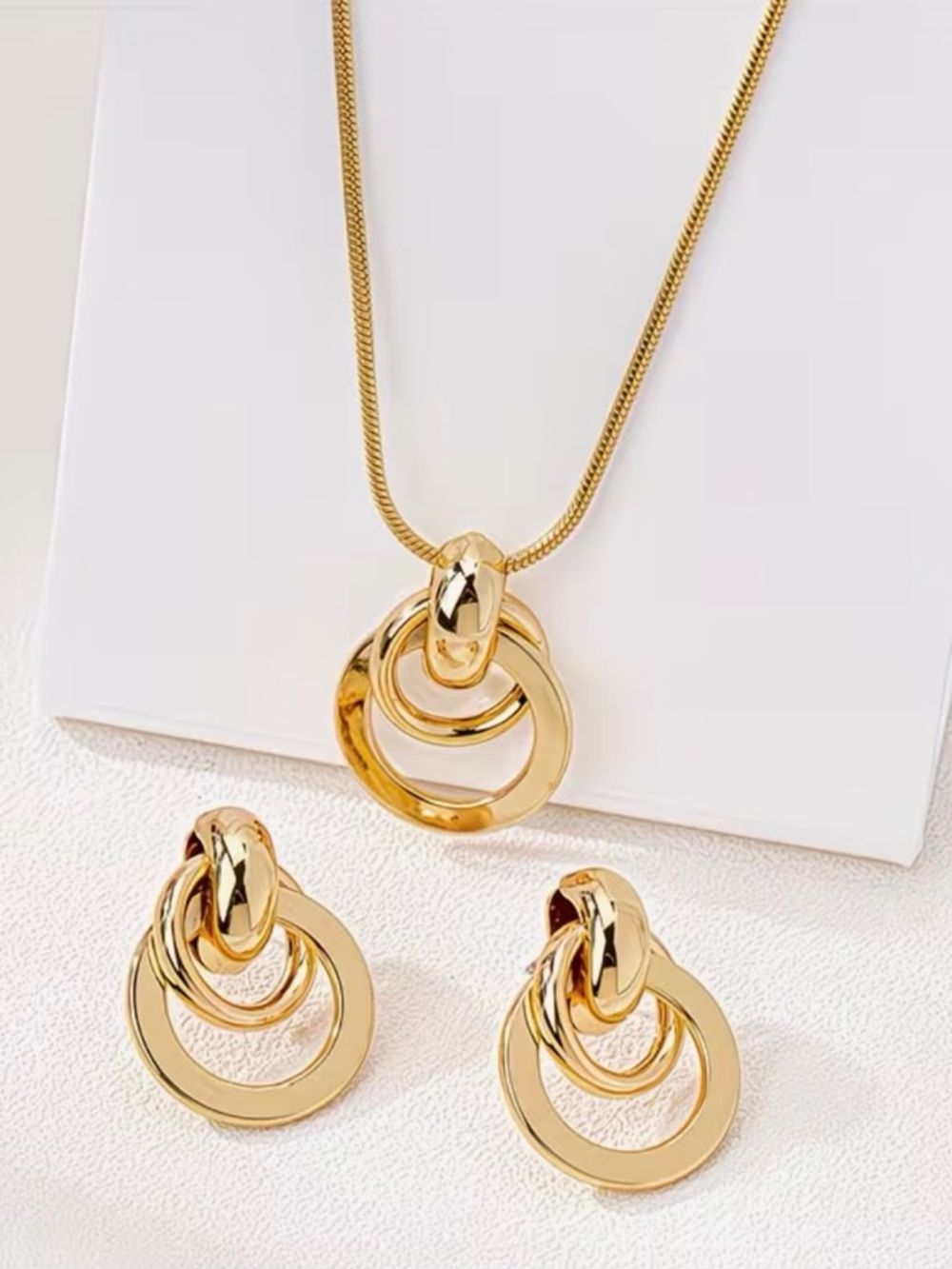 BNIB - Gold Double Ring Pendant Necklace and Hoop Earrings Set - Picture 4 of 5